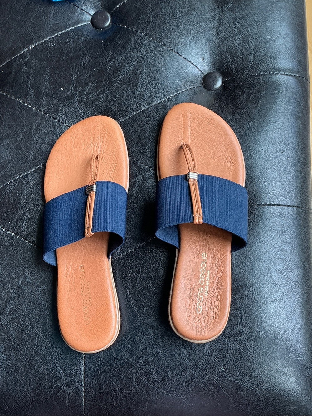 Andre Assous Navy and Tan Slide Sandals